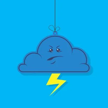 Simple vector cartoon illustration of flat dark angry cloud with lightning Stock Illustration