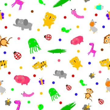 Simple Vector colorful Seamless Pattern Dot, Baby, Animal, jelly fish, crocod Illustrazione stock