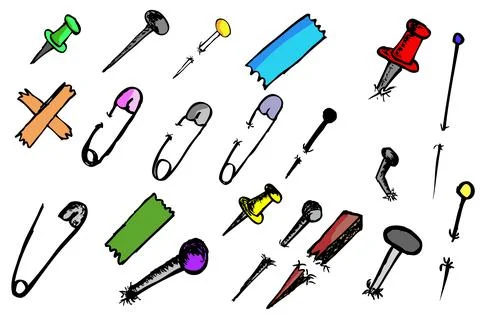 Simple Vector colorful vector doodle Breastpin, push pin,  nail and needle Stock Illustration