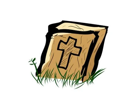 Simple Vector Doodle Hand Draw Sketch, Christian Wooden Grave and grass, Isol Stock Illustration
