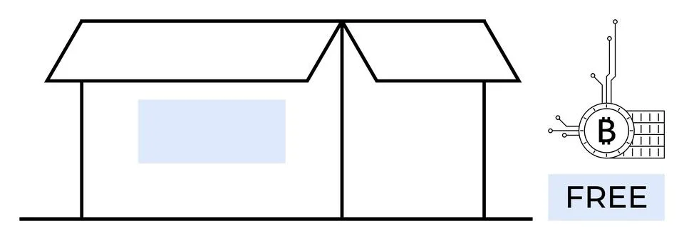 Simple vector drawing with an open box, bitcoin symbol with circuit nodes, an 스톡 일러스트