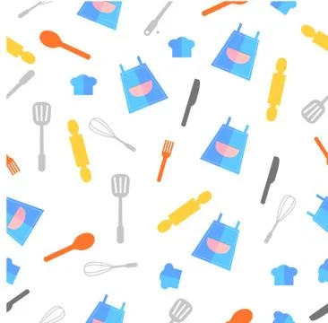 Simple Vector Flat Icon Seamless Pattern, Apron &amp; Cooking Ware for Background Illustrazione stock