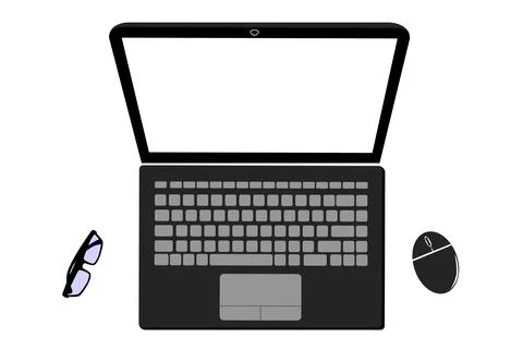 Simple Vector Flat Lay Black Notebook, Wireless Mouse and Eyeglass, Isolated  Stock Illustration