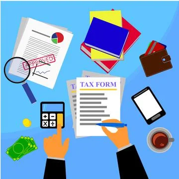 Simple Vector, Flat Lay, man hand filling tax form, beyond wallet, magnifier, Illustrazione stock