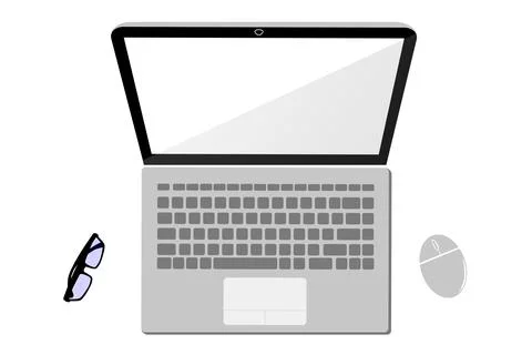 Simple Vector Flat Lay Notebook, Wireless Mouse and Eyeglass, Isolated on Whi Stock Illustration