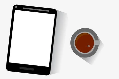 Simple Vector Flat Lay Tablet and a Cup of Coffee, Isolated on White Stock Illustration