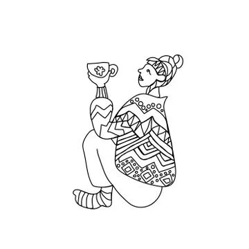 Simple vector girl in patterned sweater with a cup Stock Illustration