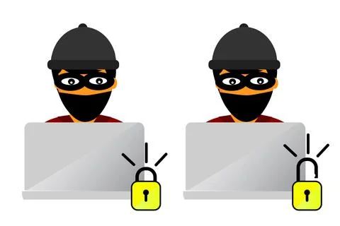 Simple Vector Hacker or Cracker using Notebook with Locked and unlocked padlo Stock Illustration