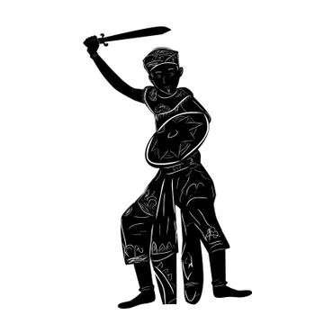 Simple Vector Hand Draw Sketch and silhouette of Young Boy Traditional Indone Stock Illustration