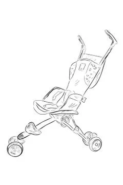 Simple Vector Hand Draw Sketch baby stroller, isolated on white Illustrazione stock