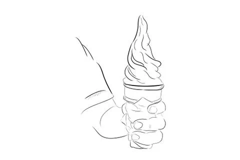 Simple Vector Hand Draw Sketch, Hand Holding Ice Cream Cone, isolated on whit Stock Illustration