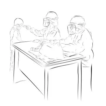 Simple Vector Hand Draw Sketch, Standing Boy, Body Temperature Check by using Illustrazione stock