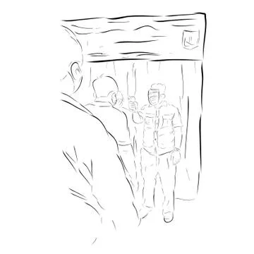 Simple Vector Hand Draw Sketch, Queues People, Body Temperature Check Before Illustrazione stock