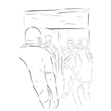 Simple Vector Hand Draw Sketch, Queues People, Body Temperature Check Before  Illustrazione stock