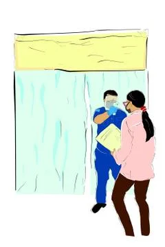 Simple Vector Hand Draw Sketch, Queues People, Body Temperature Check Before  Illustrazione stock