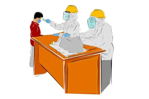 Simple Vector Hand Draw Sketch, Standing Boy, Body Temperature Check by using Illustrazione stock