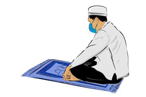 Simple Vector Hand Draw Sketch, Muslim or islam man, using Mask, sit at praye Stock Illustration