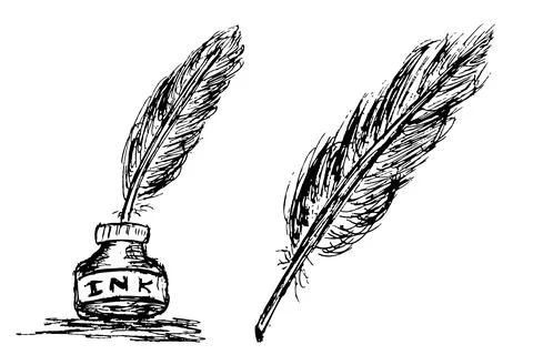 Simple Vector hand draw sketch of black feather and ink in the bottle Stock Illustration