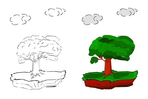 Simple Vector Hand Draw Sketch, Tree at Flying or Floating Island Stock Illustration