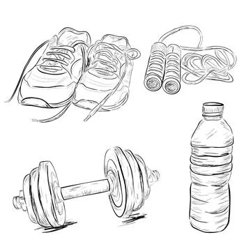 Simple Vector hand draw sketch of sport equipment, shoes, jumping rope and, d Stock Illustration