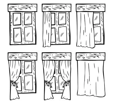 Simple vector hand Draw sketch Window and Curtain set 6 스톡 일러스트