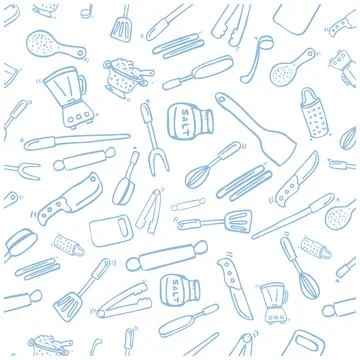 Simple Vector Hand Draw Sketch Seamless Pattern blue Background, Cook Ware,.. Stock Illustration