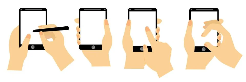 Simple Vector Hand Set 4, Using, Read, Touch and Swipe Black Smartphone Stock Illustration