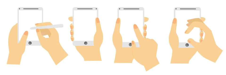 Simple Vector Hand Set 4, Using, Read, Touch and Swipe White Smartphone Illustrazione stock