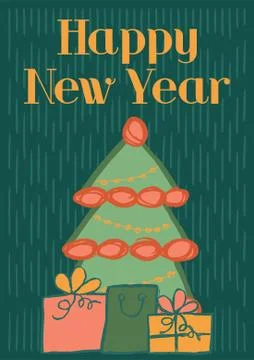 Simple vector Happy New Year card with Christmas tree and gifts Illustrazione stock
