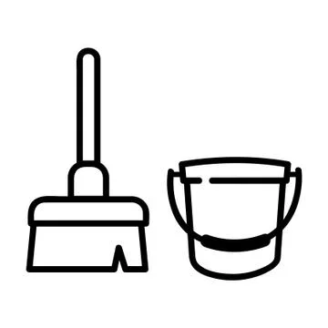 Simple Vector, Icon Outline Stye, Janitor sign, Broom and Bucket at public re Stock Illustration