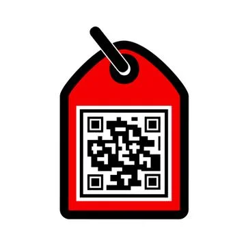 Simple Vector Icon Red Rectangle Tag with Fake QR code, at white background Stock Illustration