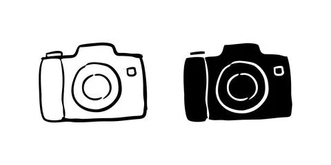 A simple vector icon set depicting a hand drawn camera, ideal for photograp.. Stock Illustration