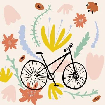 Simple vector illustration of bicycle amidst colorful flowers Stock Illustration