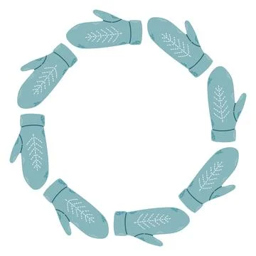 Simple vector illustration of cute blue knitted mittens arranged in a circular Stock Illustration