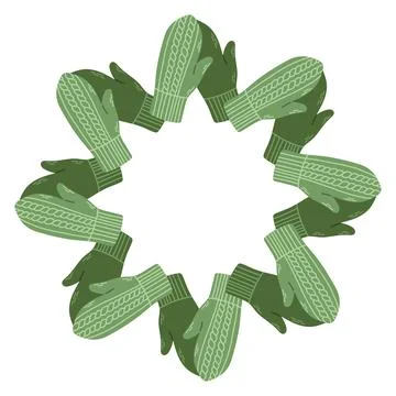 Simple vector illustration of cute green knitted mittens arranged in a circular Stock Illustration
