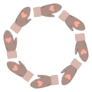 Simple vector illustration of cute grey knitted mittens arranged in a circular Stock Illustration