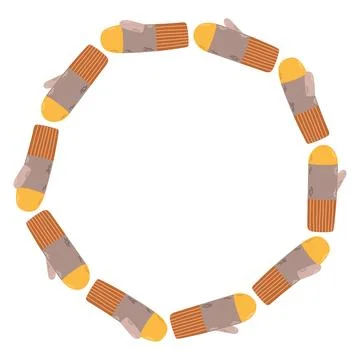 Simple vector illustration of cute knitted mittens arranged in a circular Stock Illustration