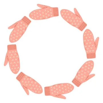 Simple vector illustration of cute pink knitted mittens arranged in a circular Stock Illustration