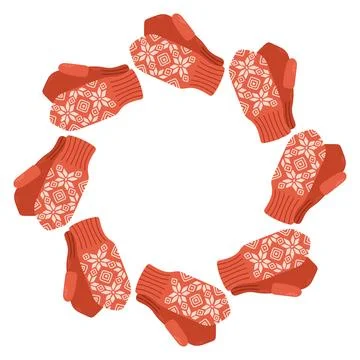 Simple vector illustration of cute red knitted mittens arranged in a circular Stock Illustration