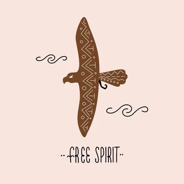 Simple vector illustration with ethnic flying brown eagle, lettering Free spirit Stock Illustration