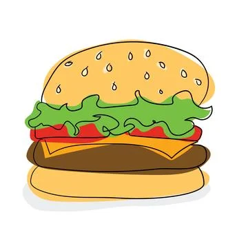 Simple Vector Illustration of a Hamburger with Sesame Bun, Lettuce, Tomato Stock Illustration