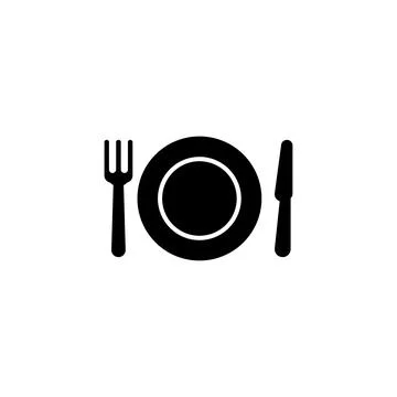 Simple vector illustration of a plate with fork and knife, representing din.. Illustrazione stock