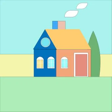 Simple vector illustration of a private house with a tree and sky on a grass  Stock Illustration
