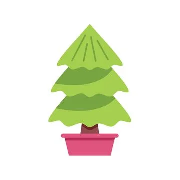 Simple vector illustration of a small green pine tree growing in a pink pot,  Stock Illustration