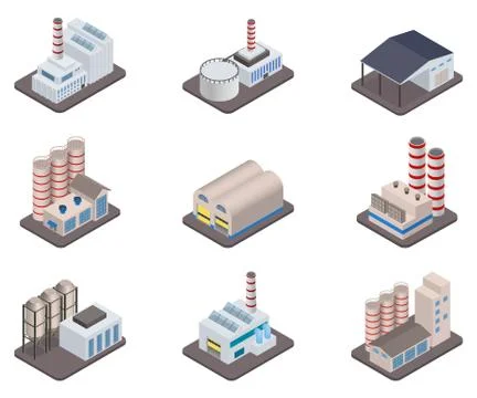 Simple vector isometric factory plants and factories icon set Stock Illustration