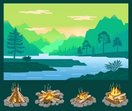 Simple vector landscape with silhouettes of trees, mountains, set of four icons Illustrazione stock