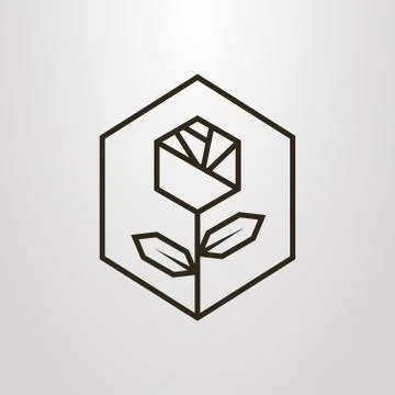 Simple vector line art geometric symbol of rose flower in a hexagon frame Illustrazione stock