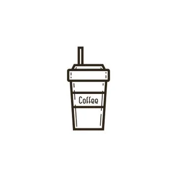 Simple vector line art icon of a paper cup of coffee with a straw Illustrazione stock