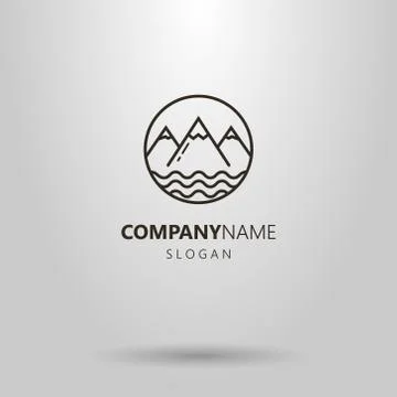 Simple vector line art  logo of mountains and pond water waves in a round frame Stock Illustration