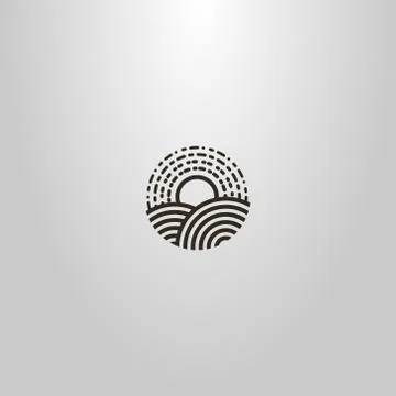 Simple vector line art round sign of the rising sun over two hills Stock-Illustration